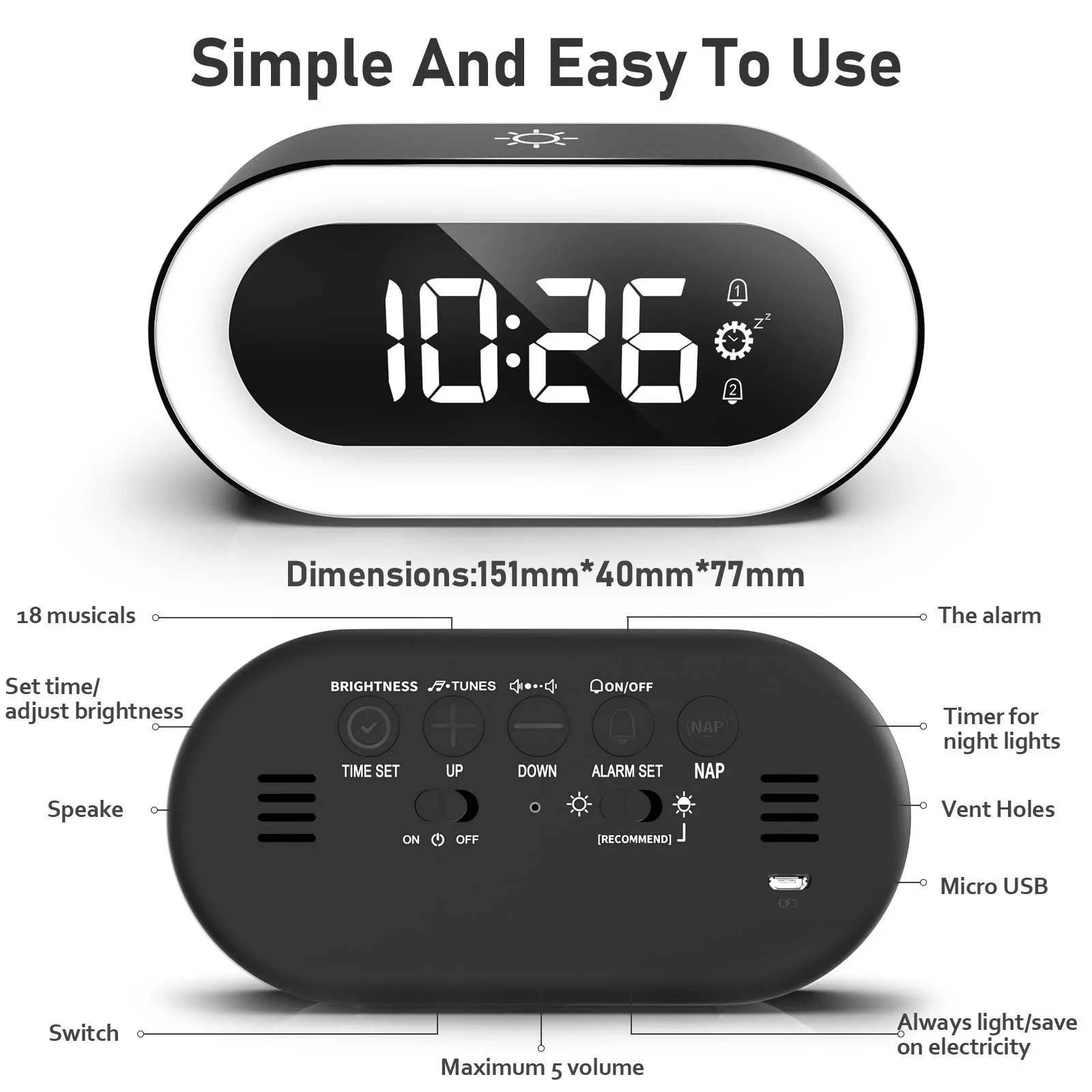 Alarm Clock for Bedrooms with Dynamic RGB Night Light,Heavy Sleepers Adults - Image 3