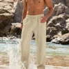 Mens Cotton Linen Pants Summer Beach Pant Loose Fit with Drawstring