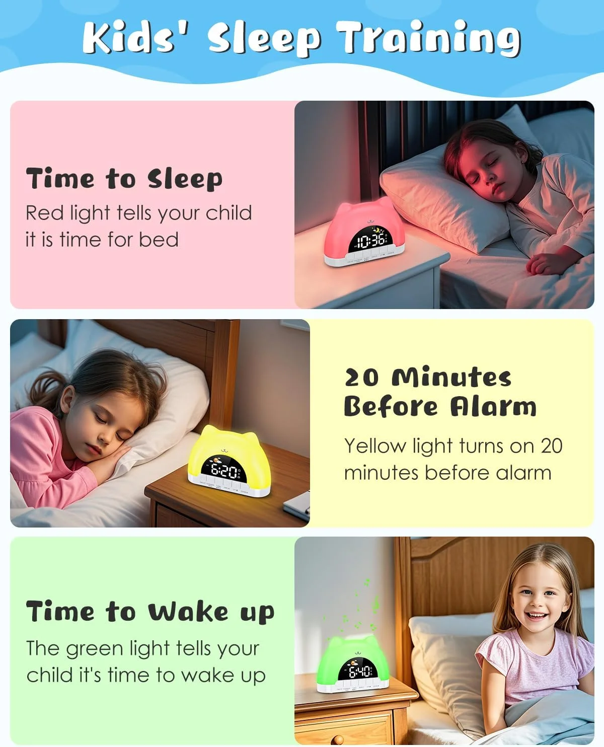 Kids Alarm Clock, OK to Wake Alarm Clock for Kids, Cat Clock with 11 Colors Night Light, 10 Soothing Sounds - Image 6