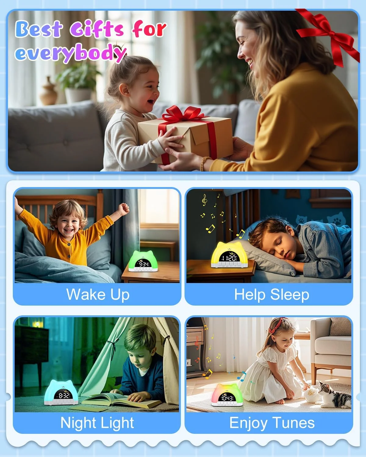 Kids Alarm Clock, OK to Wake Alarm Clock for Kids, Cat Clock with 11 Colors Night Light, 10 Soothing Sounds - Image 7