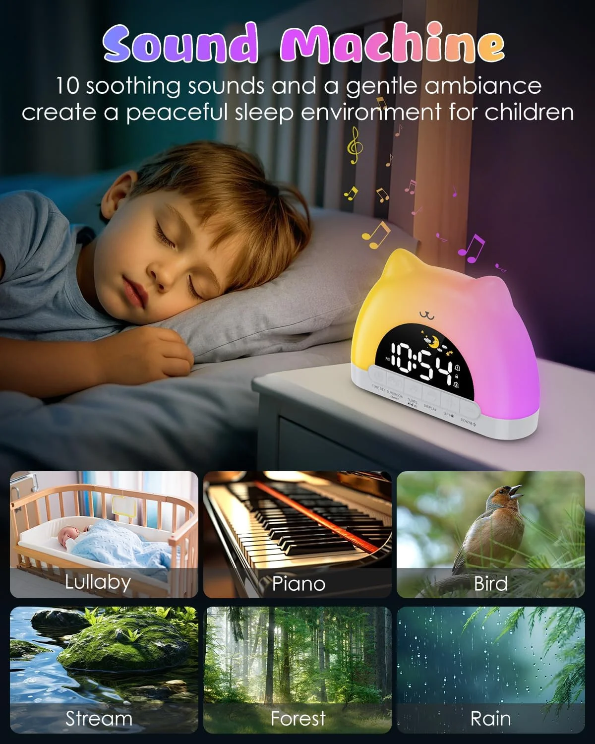Kids Alarm Clock, OK to Wake Alarm Clock for Kids, Cat Clock with 11 Colors Night Light, 10 Soothing Sounds - Image 3