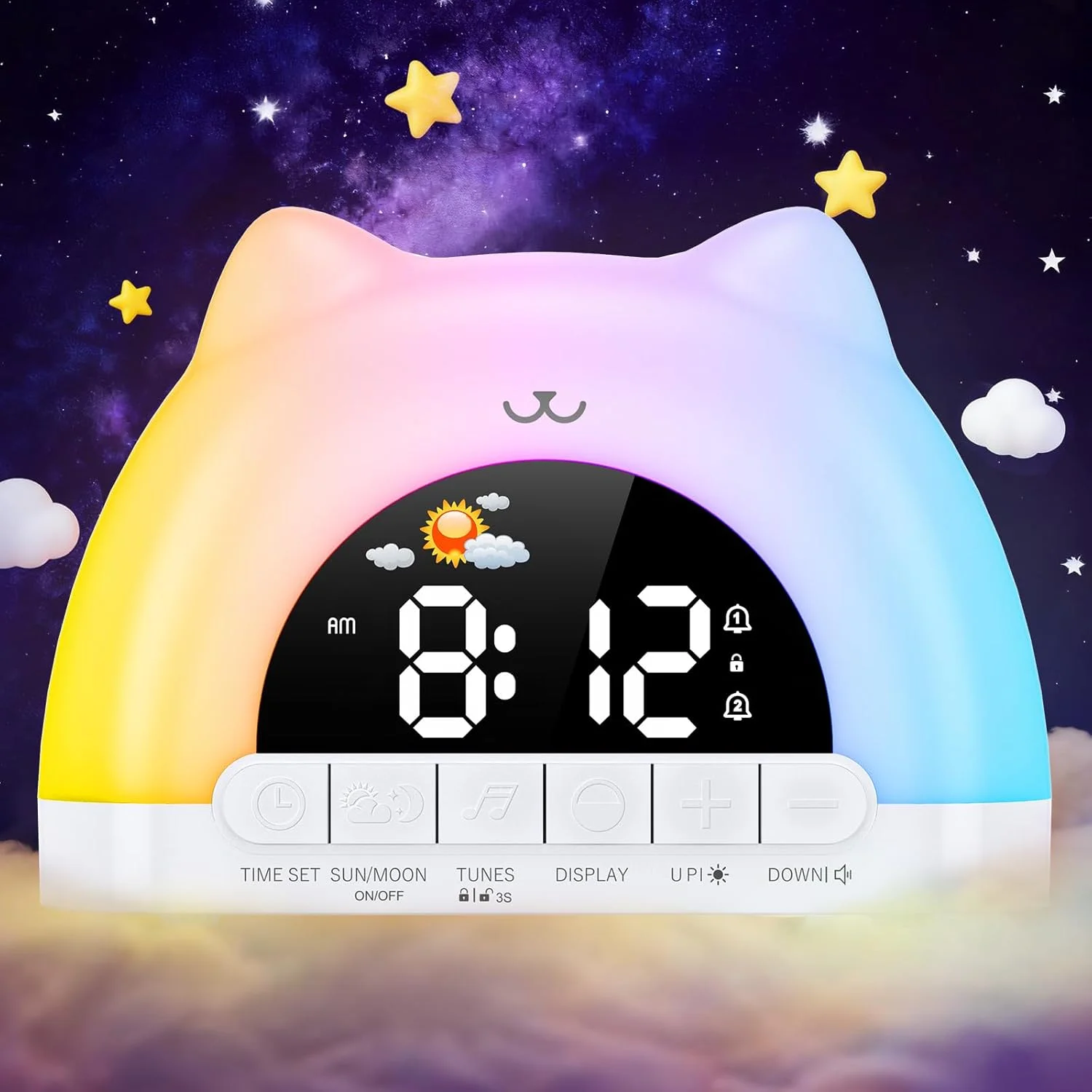 Kids Alarm Clock, OK to Wake Alarm Clock for Kids, Cat Clock with 11 Colors Night Light, 10 Soothing Sounds