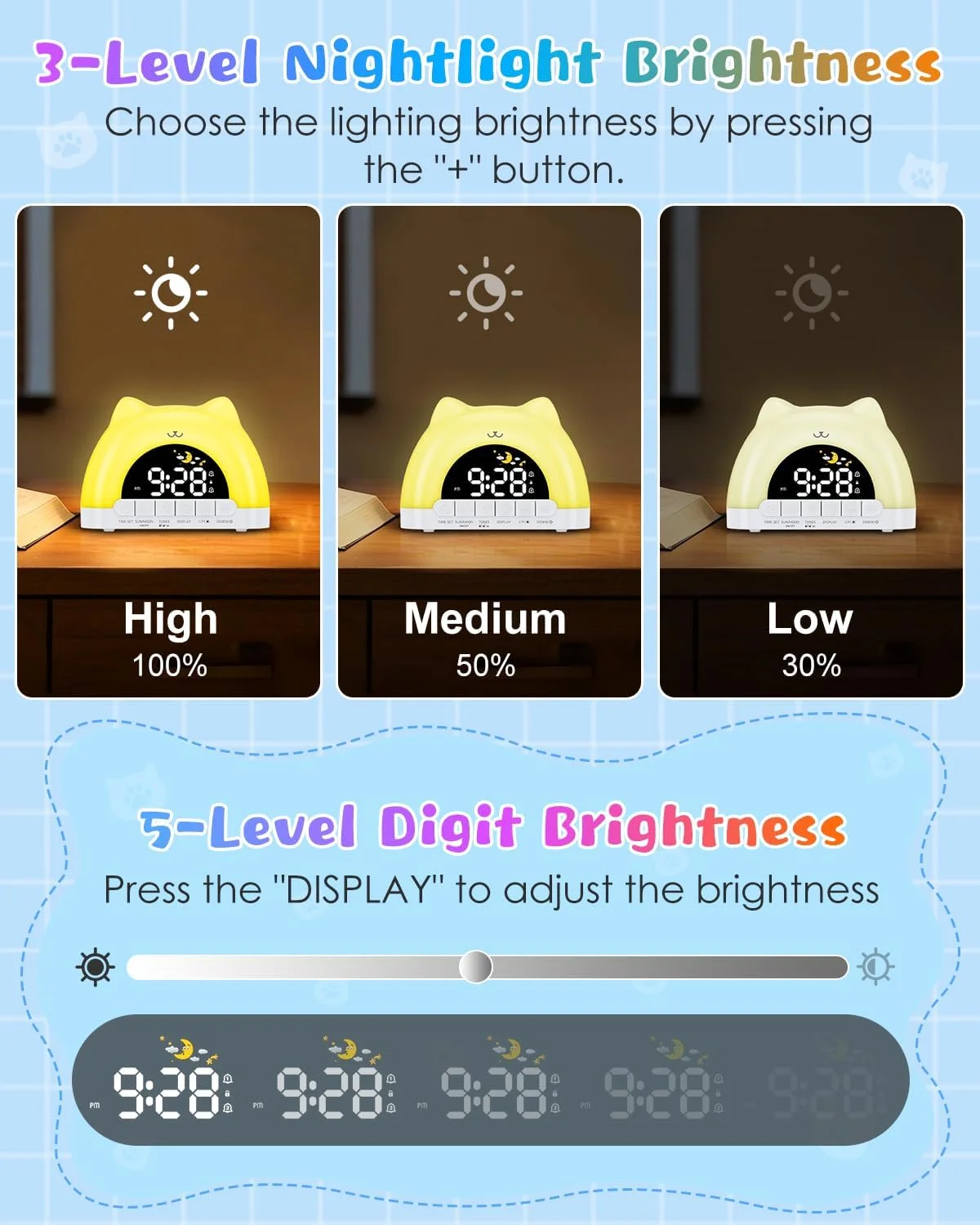 Kids Alarm Clock, OK to Wake Alarm Clock for Kids, Cat Clock with 11 Colors Night Light, 10 Soothing Sounds - Image 4
