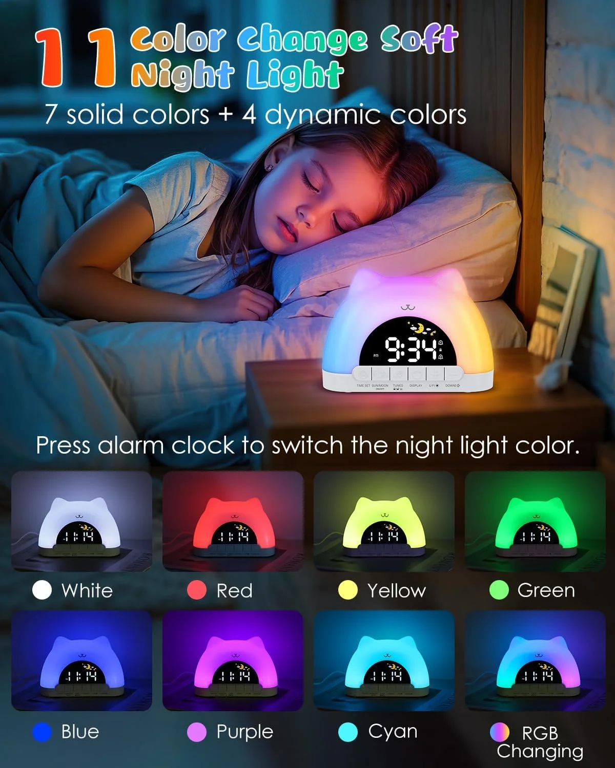Kids Alarm Clock, OK to Wake Alarm Clock for Kids, Cat Clock with 11 Colors Night Light, 10 Soothing Sounds - Image 5