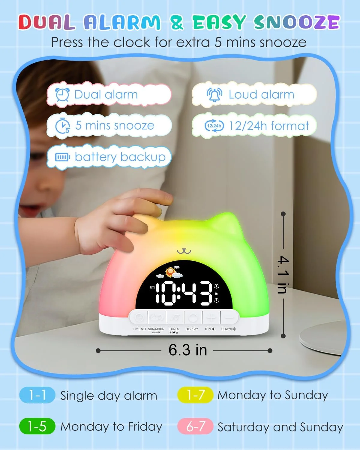 Kids Alarm Clock, OK to Wake Alarm Clock for Kids, Cat Clock with 11 Colors Night Light, 10 Soothing Sounds - Image 2
